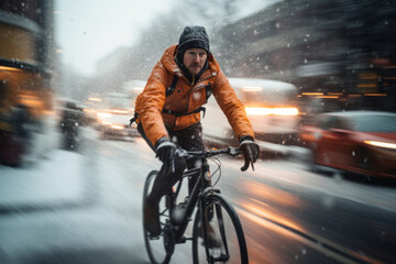 A man riding a bicycle in winter city during massive snowfall. Cycling in difficult weather conditions. Motion blur.