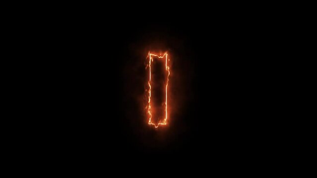 Fire alphabet letters I isolated, outline fire and glowing on black background