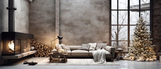 Obraz premium Loft interior design scene with copy space. Forniture with Christmas tree, lights, grland decoration. Modern cottage, villa, apartment. Contemporary mock up for holidays. Gorgeous New Year background.