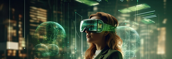 Smiling businesswoman in green sweater is wearing vr helmet. Digital interface in 3d glasses. Concept of future technology, interaction and entertainment playing game in virtual reality - obrazy, fototapety, plakaty