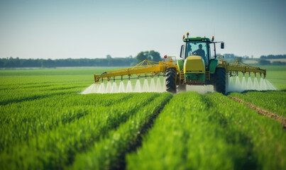 Fototapeta premium Tractor spraying pesticides fertilizer on a field