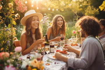 Happy friends having dinner at summer garden party