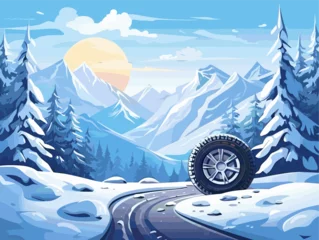 Cercles muraux Bleu Advertising poster about tires. Winter road. Winter landscape. Landscape banner, digital print, flyer, booklet, brochure web design.