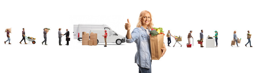 Woman with grocery bags gesturing thumbs up in front of farmers delivering fruits and vegetables