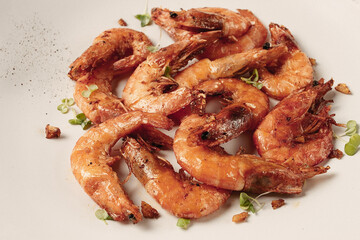 fried tiger prawns, with spices, homemade, top view,