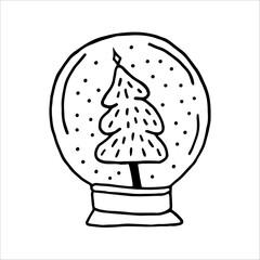 Cute hand-drawn glass snow globe. Hand-drawn vector illustration. Winter element for greeting cards, posters, stickers, and seasonal design.