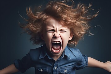 Angry irritated boy. Emotional portrait of an upset preteen boy screaming in anger. Full of rage. Requirements for parents. Wrong perception. Hysterics. Reason to be child free.