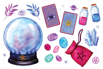 witchcraft and fortune telling items set. mystical witchy magic elements collection, crystal ball, tarot cards, potions, celestial magic stones. Watercolor Vector illustration