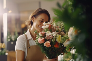 Smiling woman florist arranging a beautiful bouquet of flowers in a flower shop