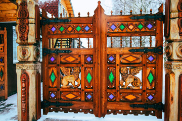 bright carved gates in the recreation center park