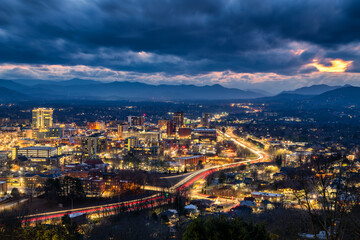 Blue hour view of downtown Asheville North Carolina
