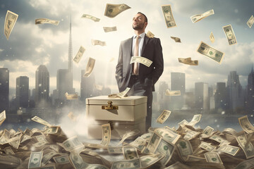 Businessman is holding a suitcase full of money - obrazy, fototapety, plakaty