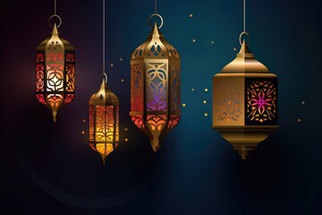 Obraz premium Gold lanterns on the blue dark background. Generative AI