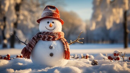 A snowman adorned in a red hat and scarf occupies the center of a winter wonderland, complete with pine cones and an icy twig. Generative AI - obrazy, fototapety, plakaty