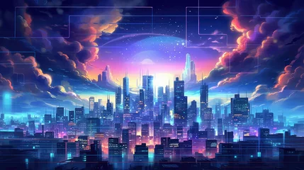 Foto op Canvas 3d voxel city landscape illustration render modern, futuristic view, perspective geometry 3d voxel city landscape © sevector