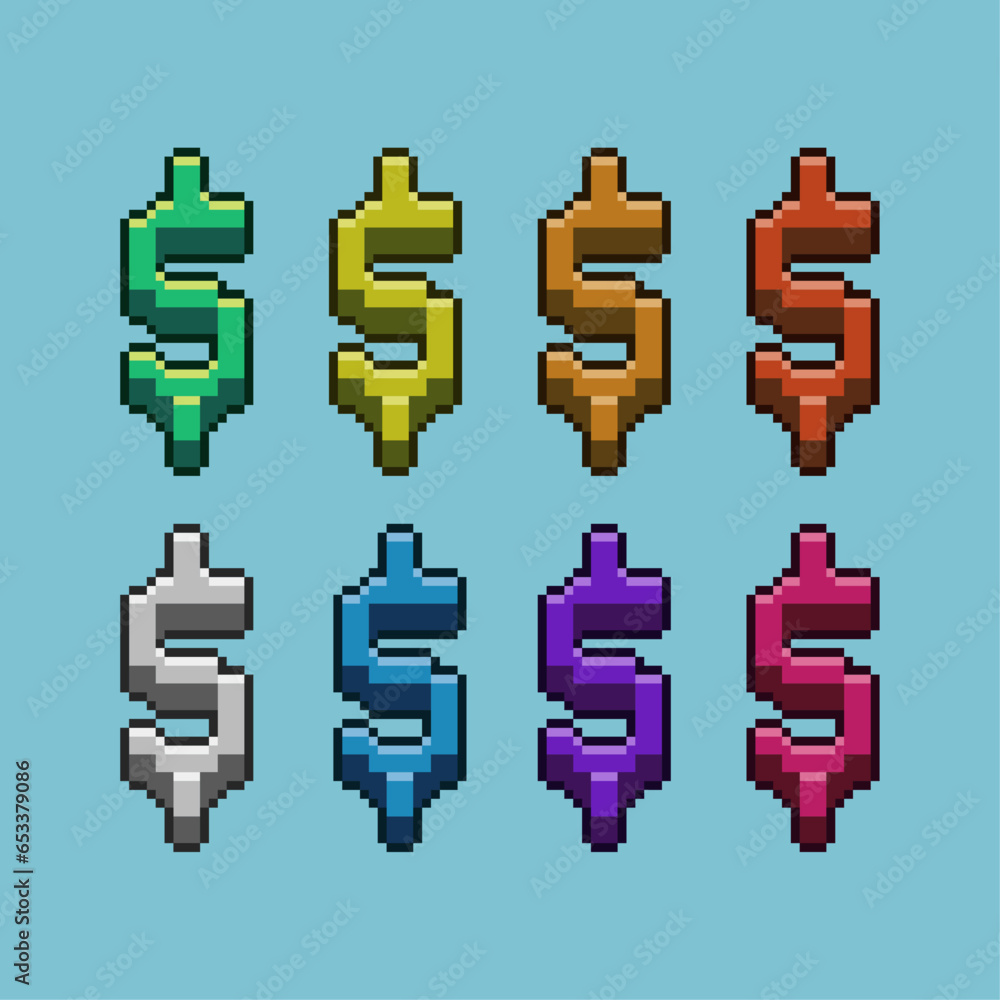 Poster pixel art sets of currency money business with variation color item asset simple bits of pay currenc