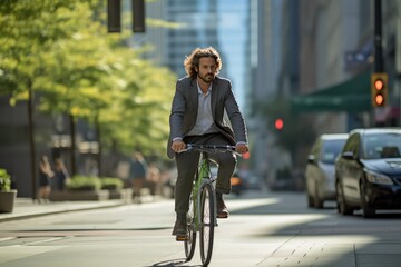 Cycling commuter. A young American man riding a bicycle on a road in a city street. Blurry city...