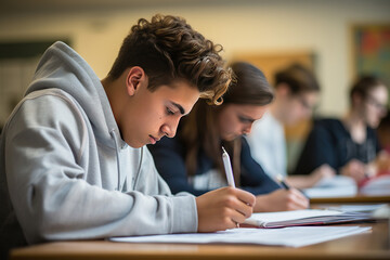 A close-up of a student writing in a notebook during an exam