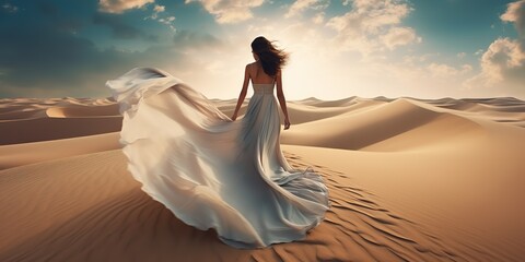 Fototapeta na wymiar AI Generated. AI Generative. Beautiful woman walking on white yellow dune. Nature outdoor vacation landscape background. Romantic relaxing vibe