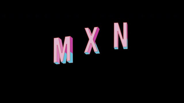 Bright letters jump merrily in the inscription MXN ISO code currency. Retro. Alpha channel black. Looped from frame 120 to 240, Alpha BW at the end