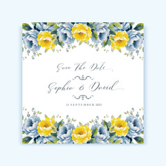 Wedding pastel floral square Save The Date card design with vintage blue and yellow watercolor flowers vector template