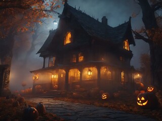Fototapeta na wymiar Halloween House In night, dark, horror