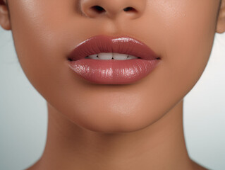 Fototapeta premium Perfect young female with dark skin lips with lipstick. Macro photo with beautiful female mouth makeup on a light background. Plump full lips. Close-up face detail. Perfect clean skin. Spa banner.