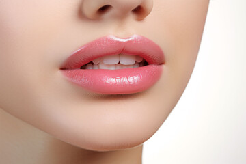 Fototapeta premium Perfect young female lips with pink lipstick. Macro photo with beautiful female mouth on a light background. Plump full lips. Close-up face detail. Perfect clean skin. Spa banner.