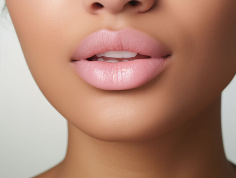Perfect young female lips with makeup.  Macro photo with beautiful female mouth on a light background. Plump full lips with pink lipstick. Close-up face detail. Perfect clean skin. Spa banner.
