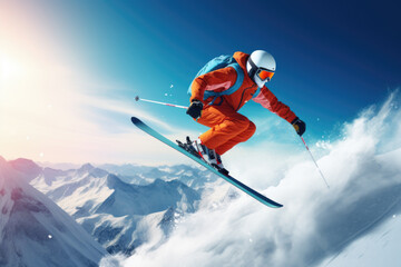 Skier skiing downhill in high mountains - obrazy, fototapety, plakaty