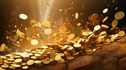 win gold coin explosion illustration en treasure, realistic game, shiny currency win gold coin explosion - obrazy, fototapety, plakaty