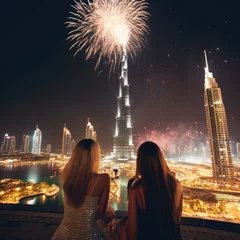 Foto op Canvas Two beautiful stylish girls watching the fireworks from the terrace of a luxury hotel in Dubai near Burj Khalifa  © Jasmina