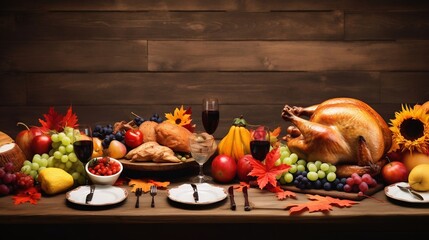 Table with wooden background traditional Thanksgiving celebration dinner with space to write invitation.