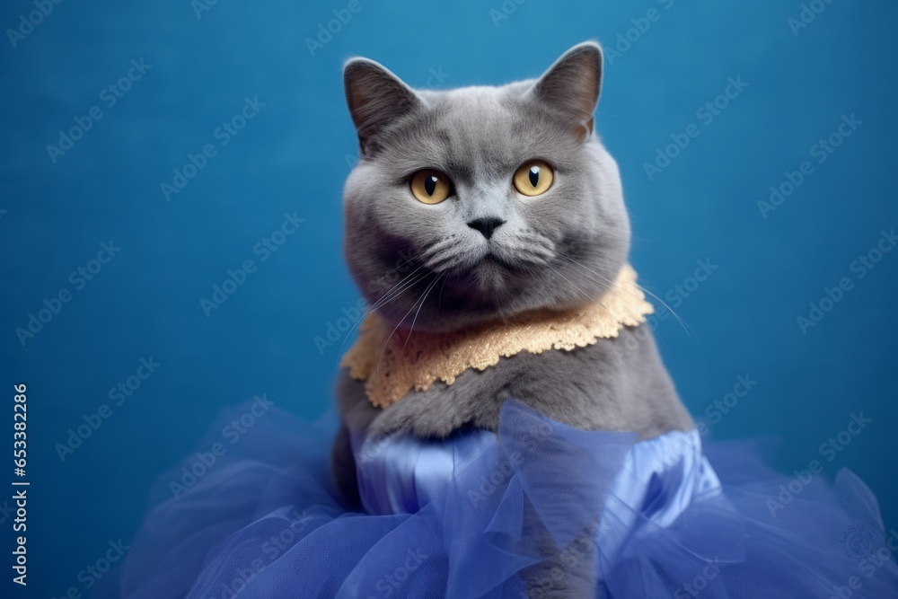 Wall mural chartreux cat wearing a princess dress against a periwinkle blue background