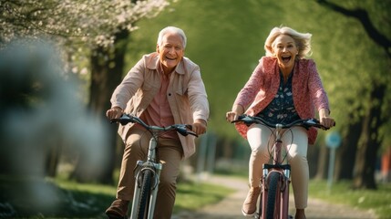 Elderly, Happy mature couple riding bikes in public park, cycling in park