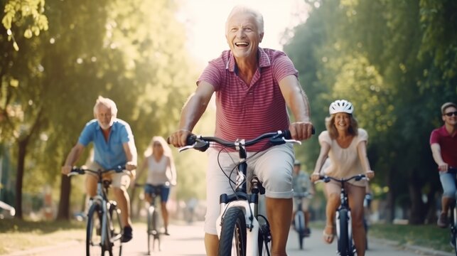 Elderly, Happy mature couple riding bikes in public park, cycling in park