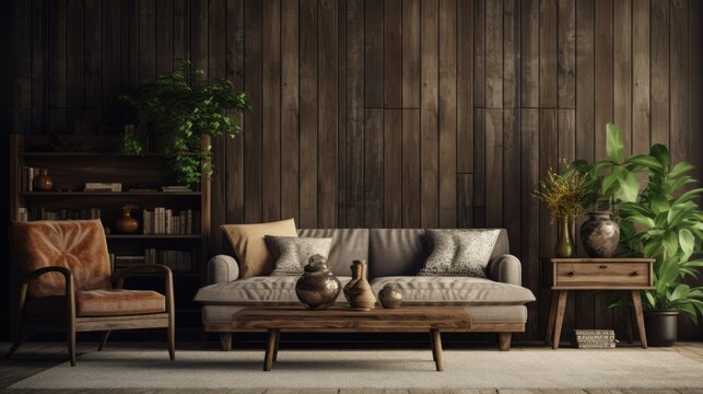 Interior design, vintage living room with rustic wall