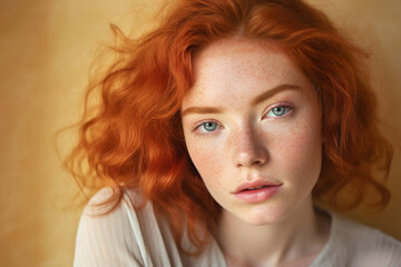 Naklejka premium Face of beautiful woman with red hair and freckles in front of yellow background