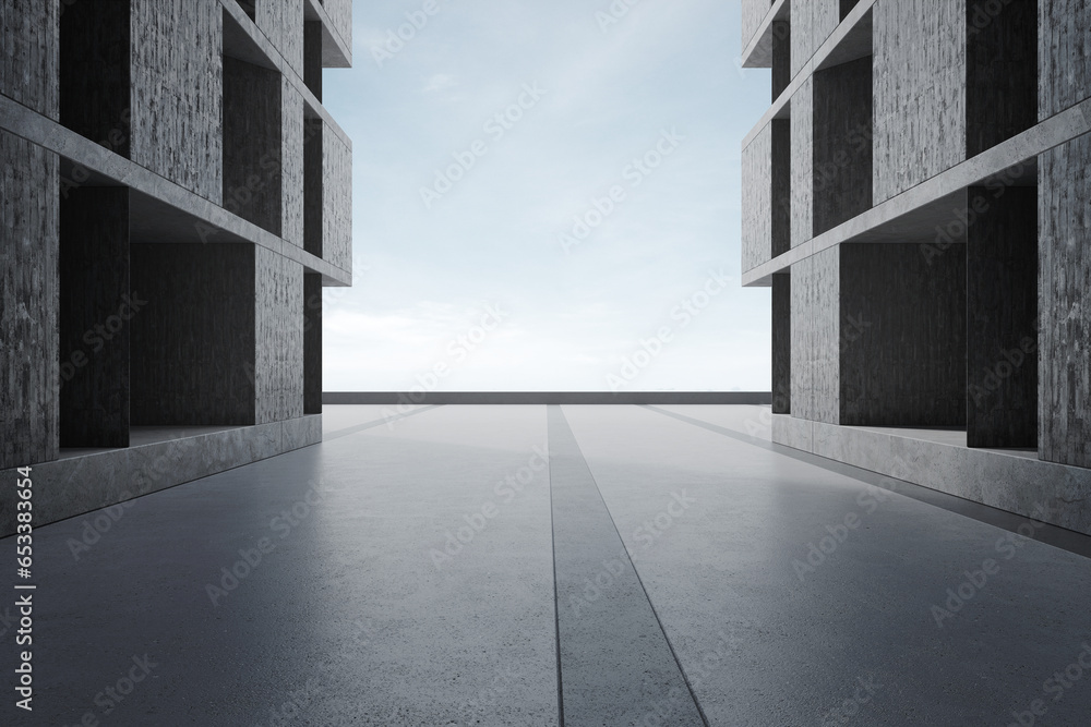 Poster empty concrete floor for car park with building. 3d rendering of abstract architecture background.