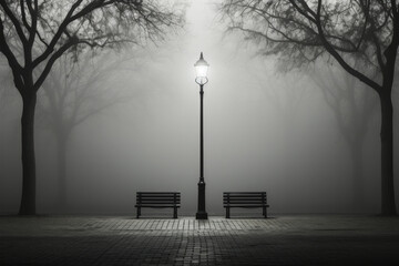lantern in the fog. exterior of autistic city - obrazy, fototapety, plakaty