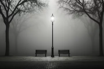 Poster Mistige ochtendstond lantern in the fog. exterior of autistic city