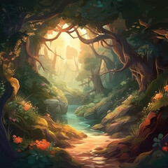 Fairy enchanted forest background, green landscape, magical world cartoon design