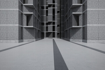 Empty concrete floor for car park with building. 3d rendering of abstract architecture background.