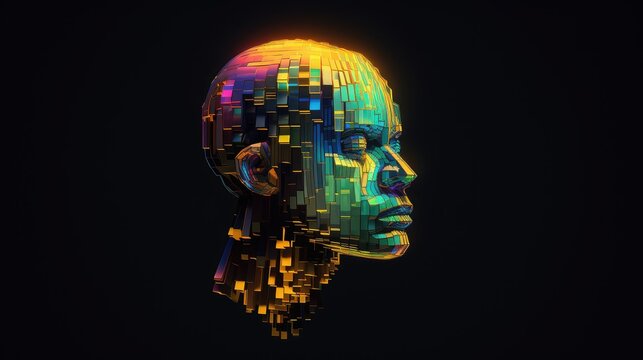 artificial voxel human head illustration abstract face, 3d pixel, cyborg man artificial voxel human head