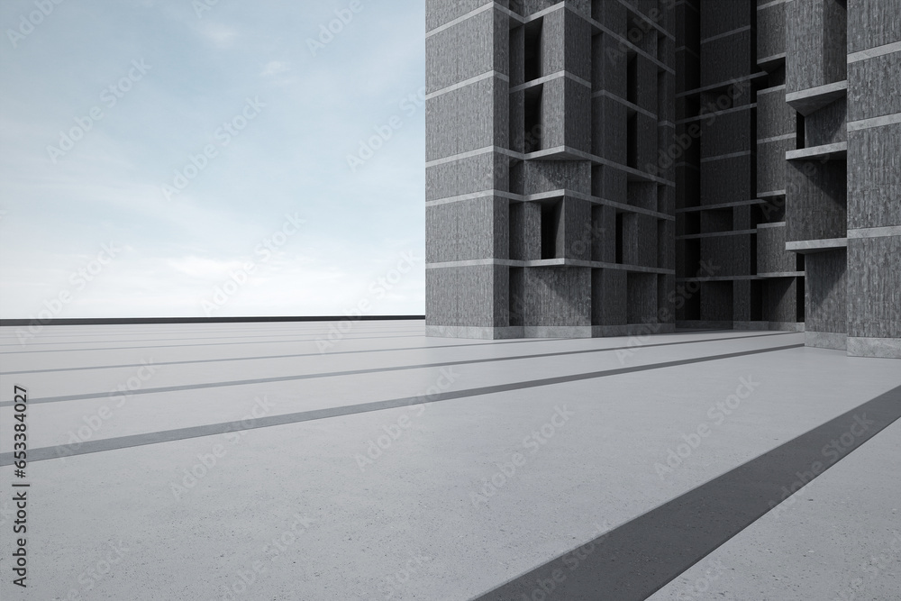 Poster empty concrete floor for car park with building. 3d rendering of abstract architecture background.
