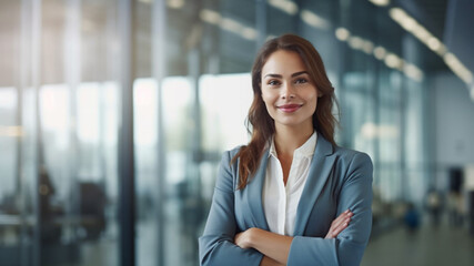 Fototapeta na wymiar A confident businesswoman standing in a modern office, medium