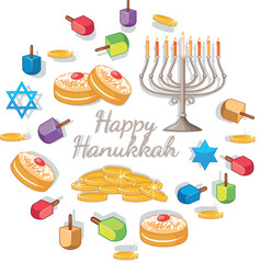 Happy Hanukkah Bright Background with Menorah, David Star and Bokeh Effect. Vector illustration