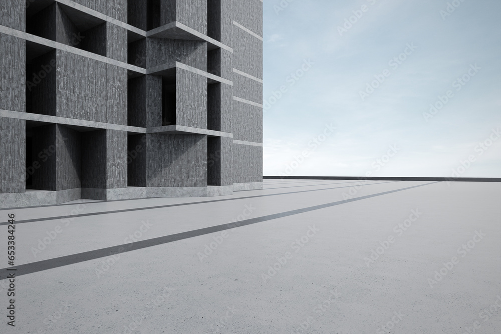 Poster empty concrete floor for car park with building. 3d rendering of abstract architecture background.