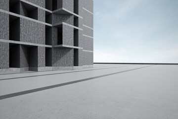 Empty concrete floor for car park with building. 3d rendering of abstract architecture background.