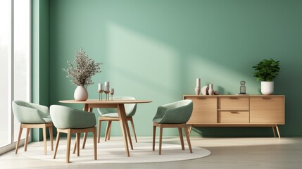 Interior, Mint color chair with wooden dining table